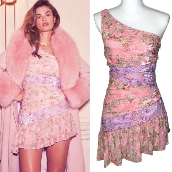 LoveShackFancy Zietta Dusty Amethyst Floral Paisley Velvet One Shoulder Mini - Picture 1 of 12